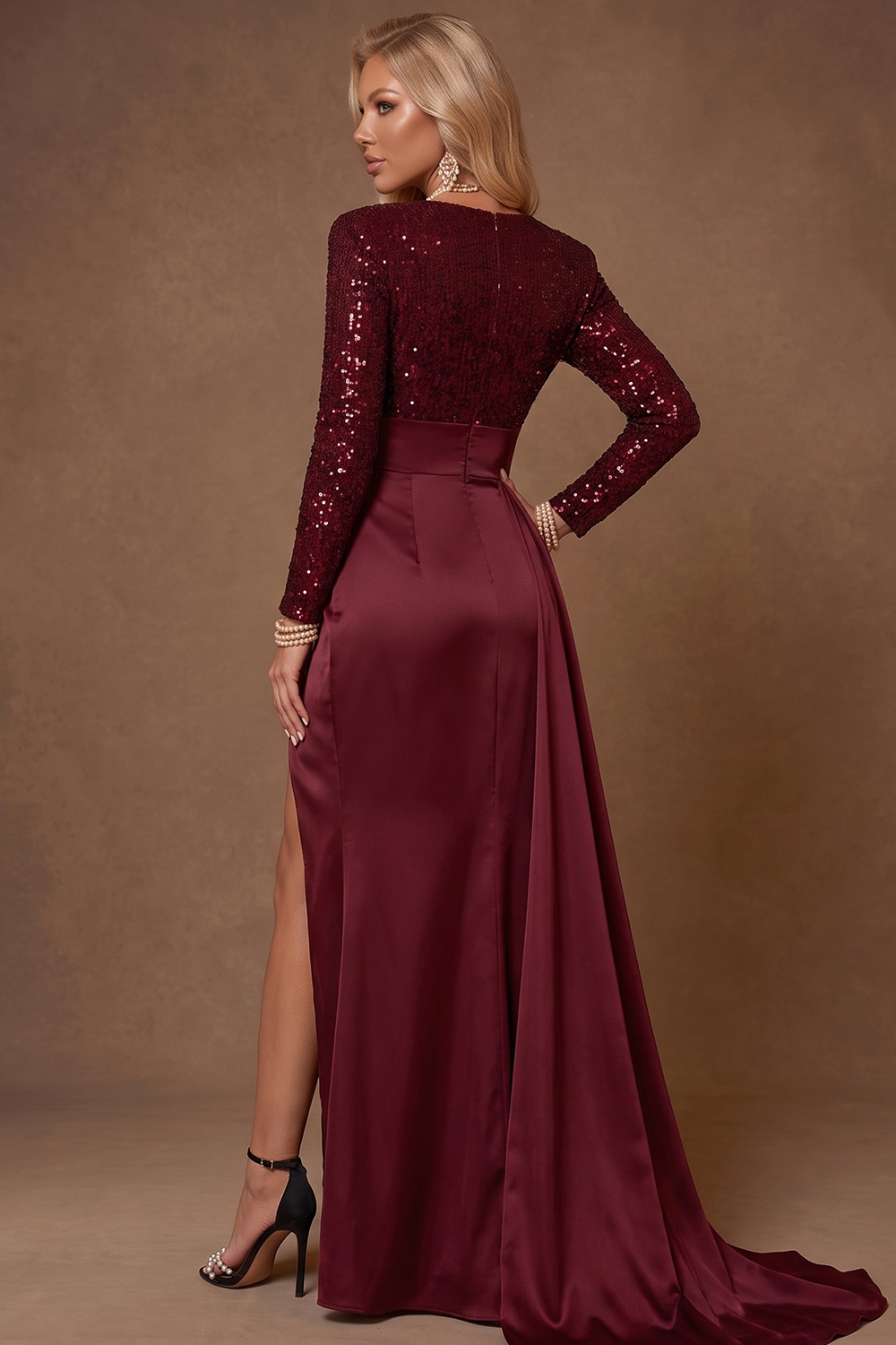 Burgundy Formal Wear Sequin & Satin Maxi Dress with V Neck Long Sleeve
