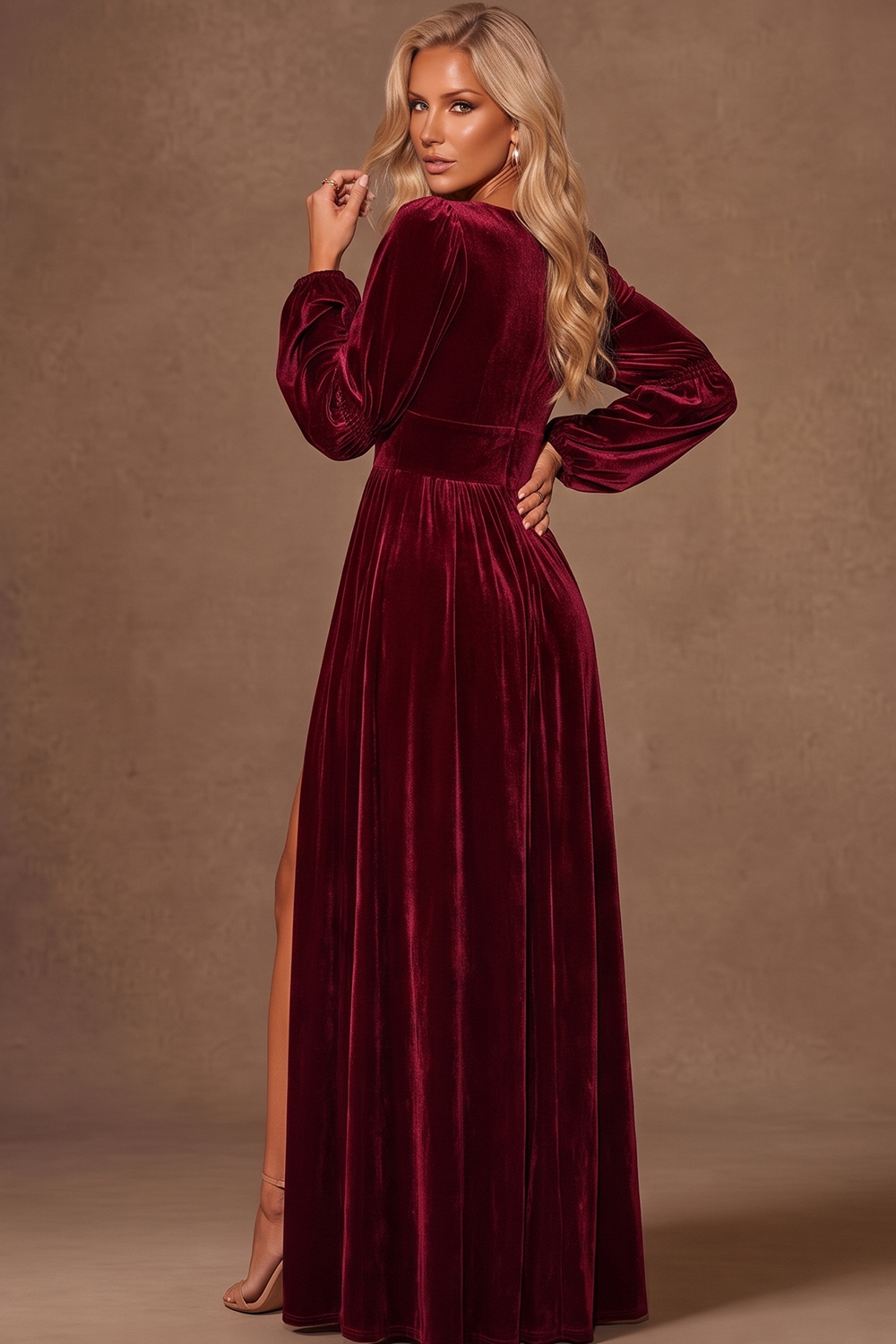 Burgundy Formal Wear Velvet Maxi Dress with Puff Long Sleeve