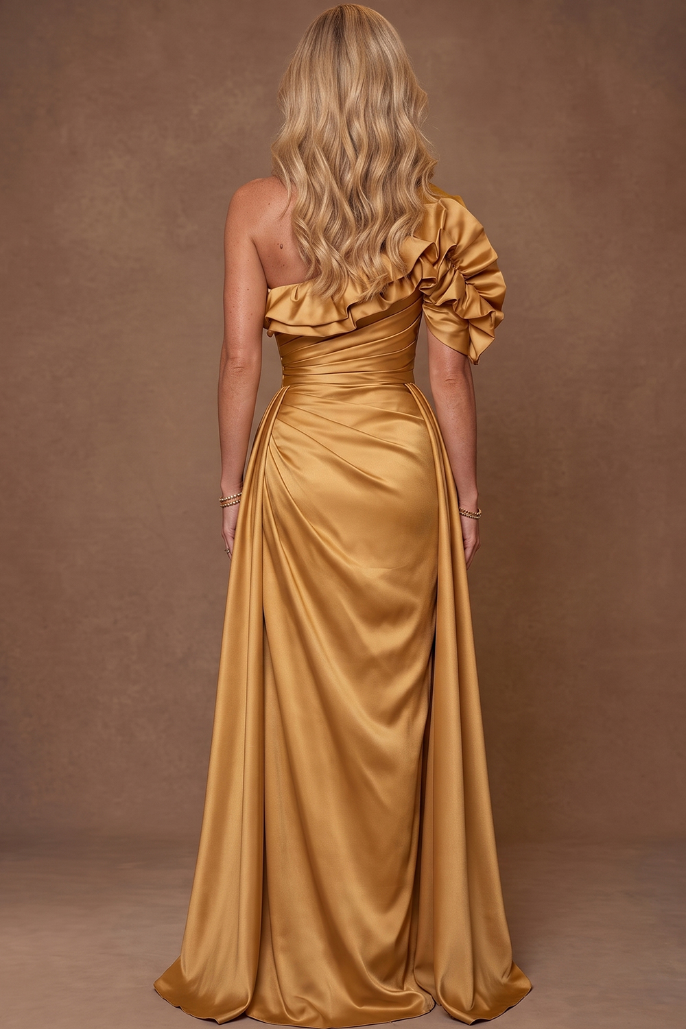 Gold Formal Wear Mermaid Maxi Dress One‑Shoulder Ruffled Satin
