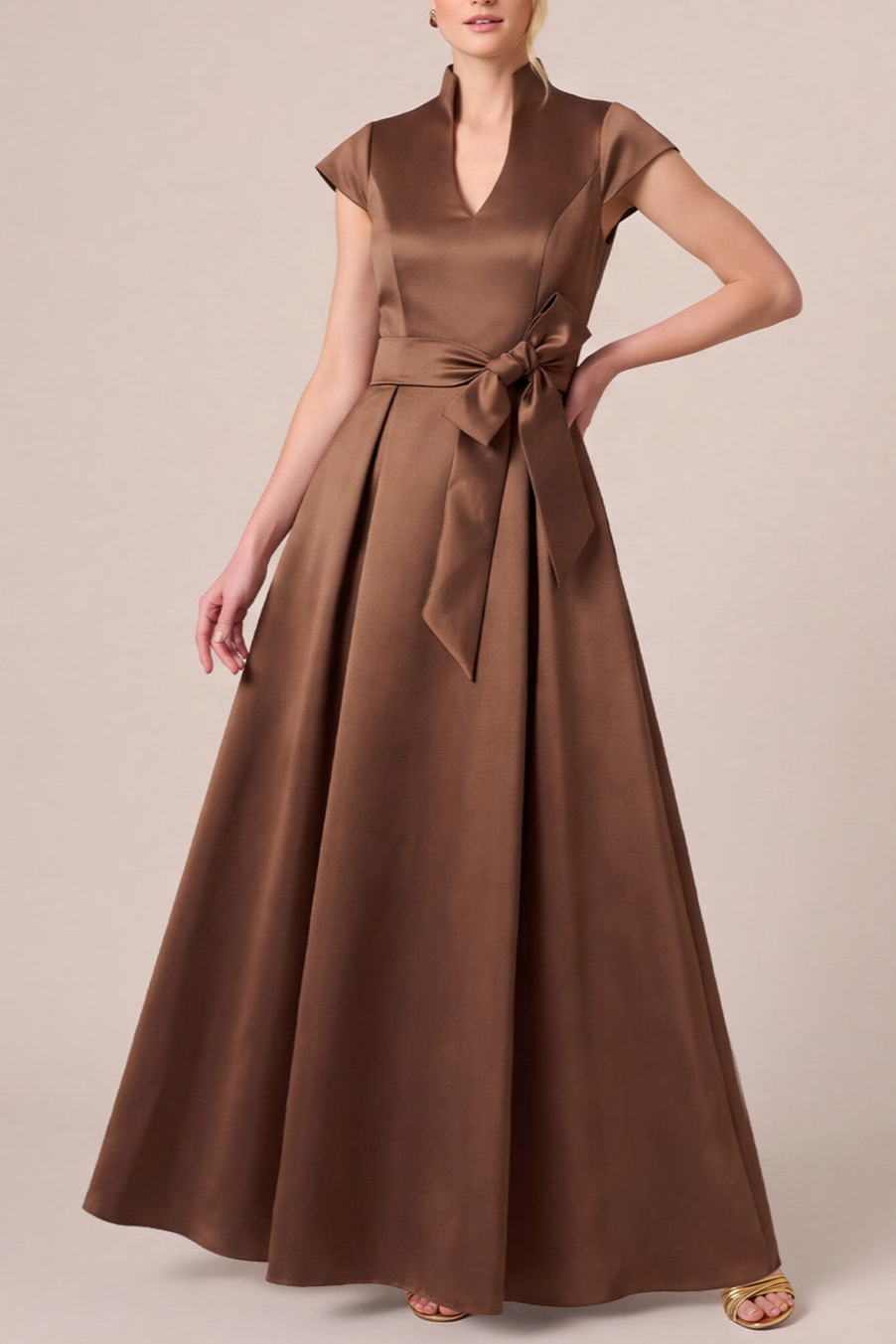 A-Line Satin Cap Sleeve Brown Long Mother Of The Bride Dress