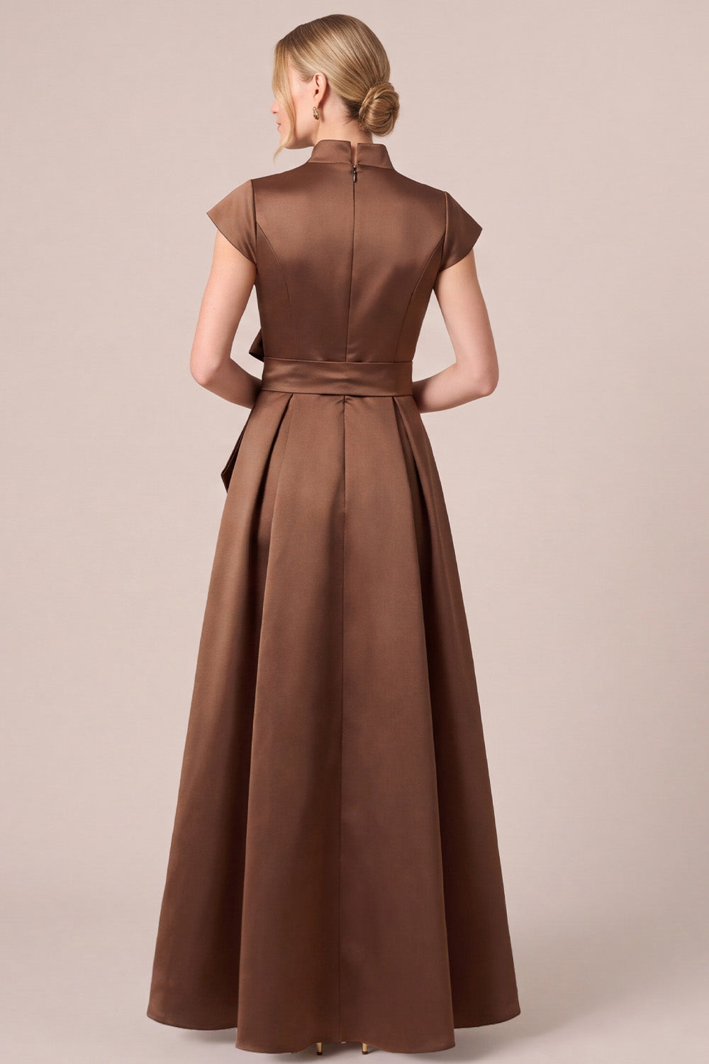 A-Line Satin Cap Sleeve Brown Long Mother Of The Bride Dress