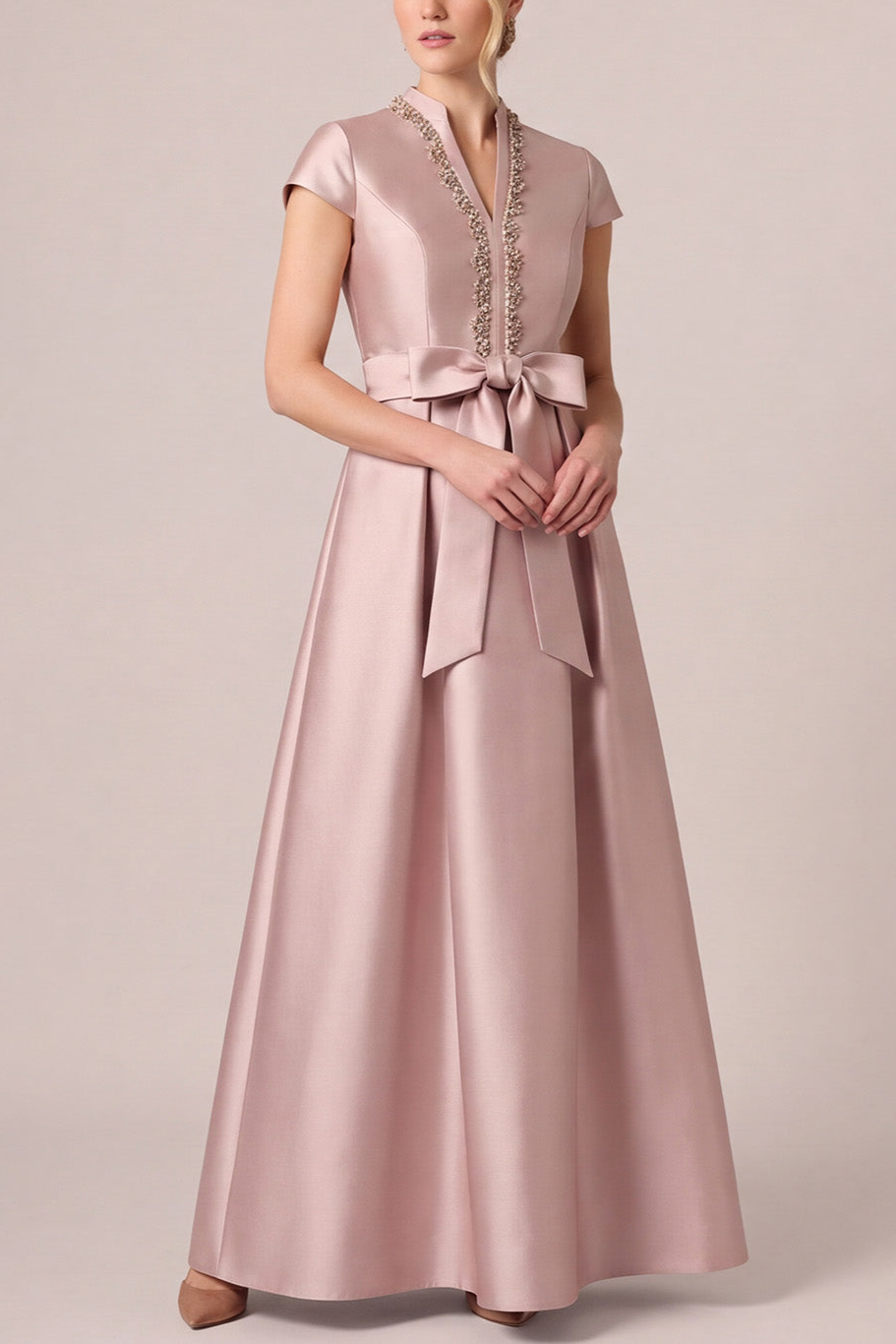 Dusty Rose A-Line Beaded Cap Sleeve Satin Long Mother Of The Bride Dress