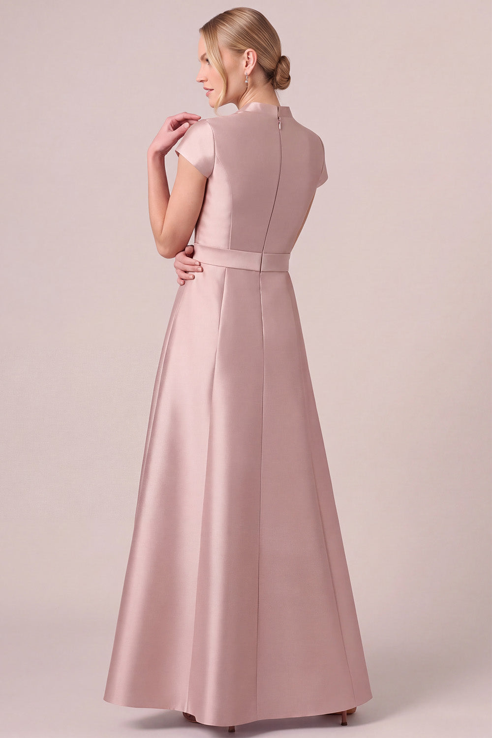 Dusty Rose A-Line Beaded Cap Sleeve Satin Long Mother Of The Bride Dress