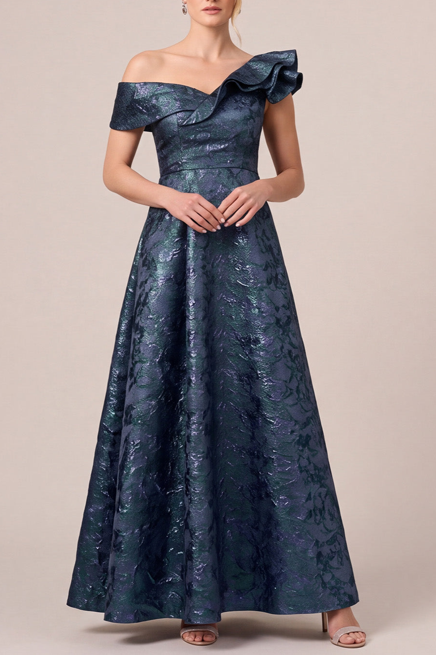 Navy Asymmetrical Neck Floral A-Line Ruffled Long Mother Of The Bride Dress