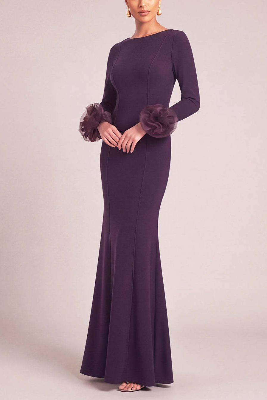 Dark Purple Mermaid Boat Neck Long Sleeves Maxi Wedding Guest Dress with Ruffles