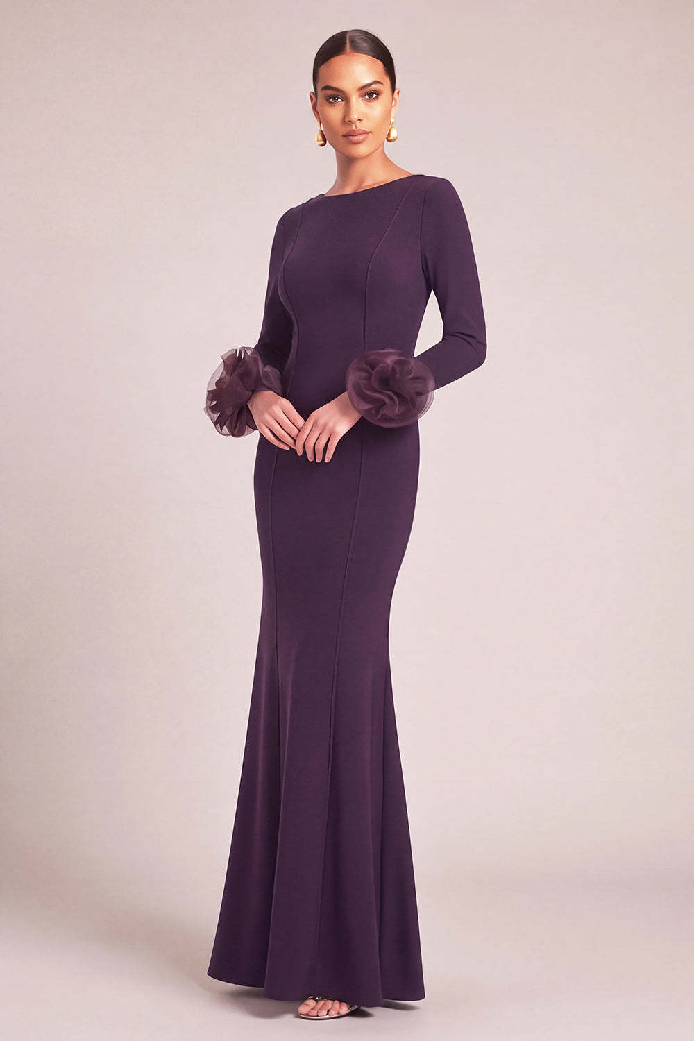Dark Purple Mermaid Boat Neck Long Sleeves Maxi Wedding Guest Dress with Ruffles