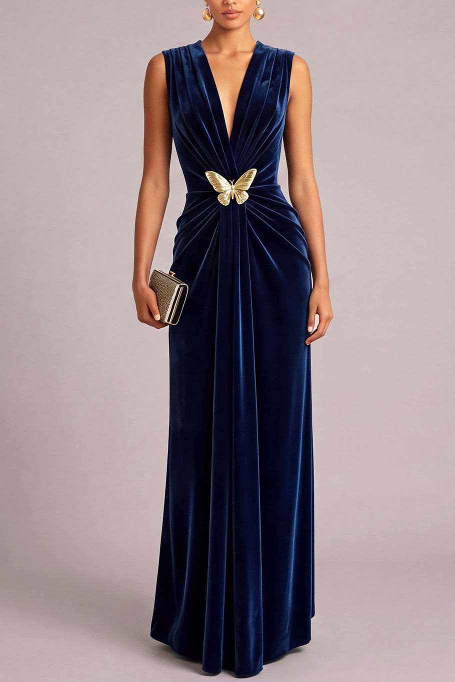 Navy Velvet A-Line V-Neck Ruched Maxi Wedding Guest Dress