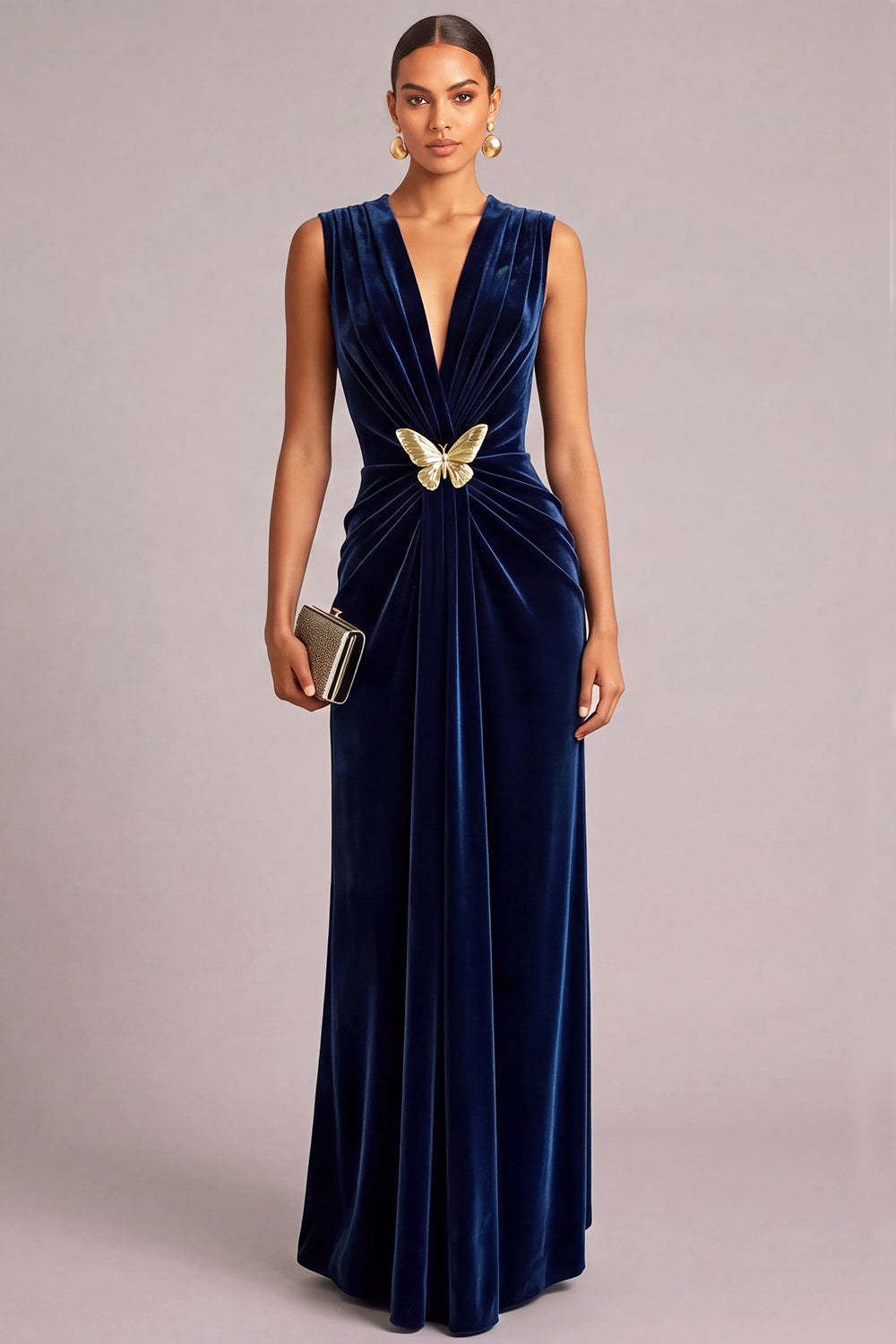 Navy Velvet A-Line V-Neck Ruched Maxi Wedding Guest Dress