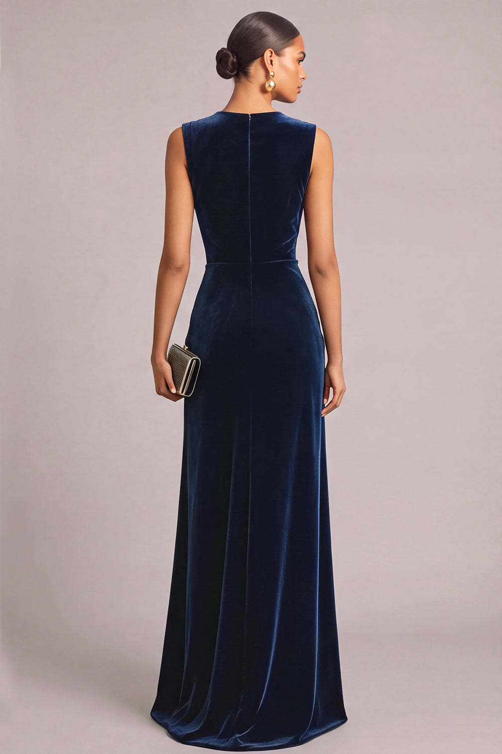 Navy Velvet A-Line V-Neck Ruched Maxi Wedding Guest Dress