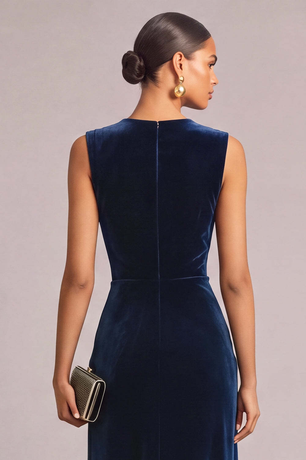 Navy Velvet A-Line V-Neck Ruched Maxi Wedding Guest Dress