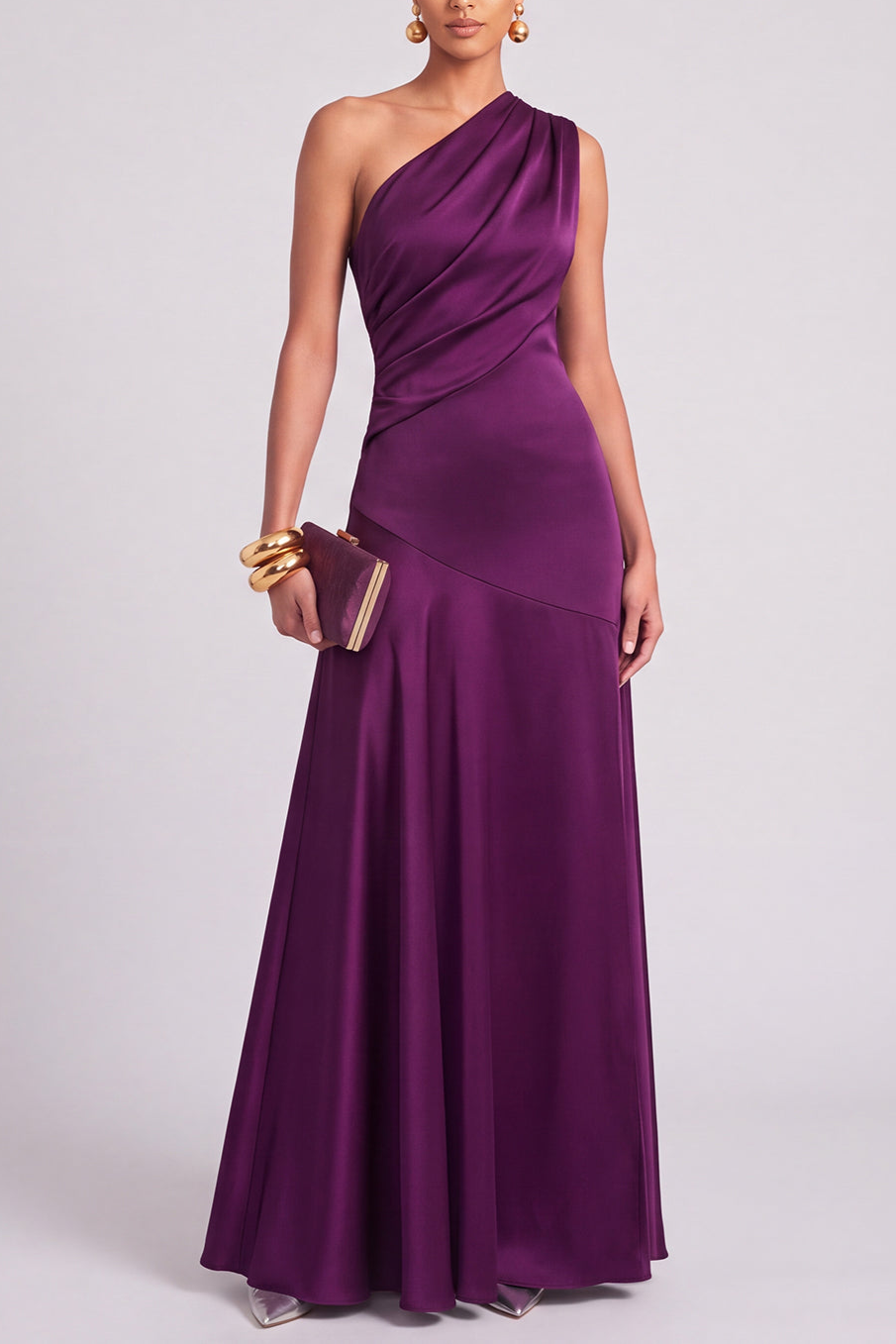 Plum One Shoulder Ruched Satin Long A-Line Formal Dress