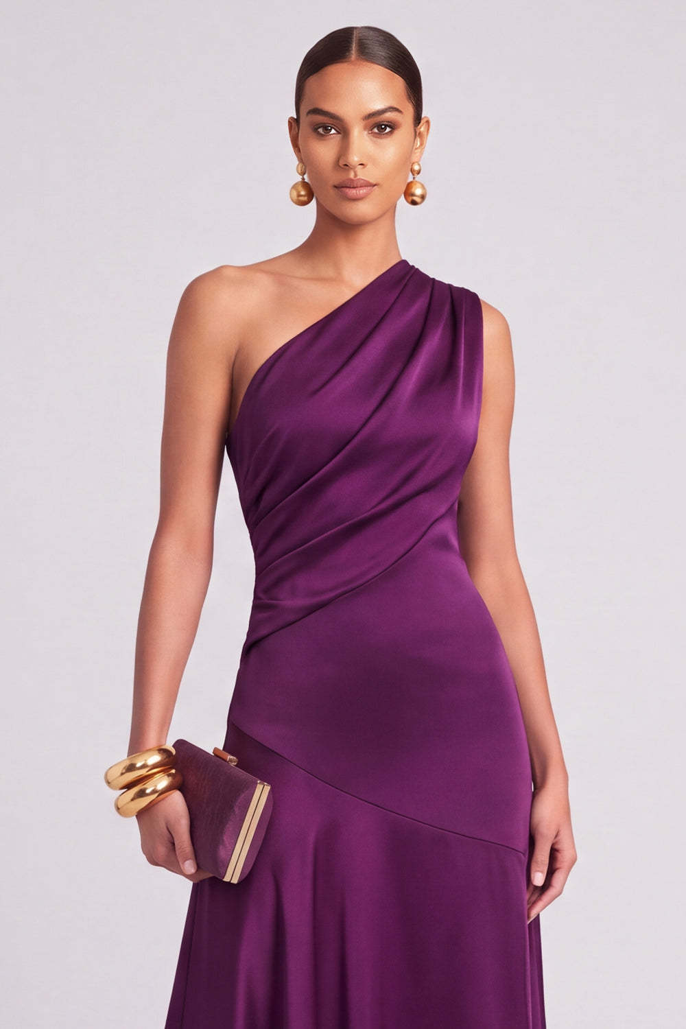 Plum One Shoulder Ruched Satin Long A-Line Formal Dress
