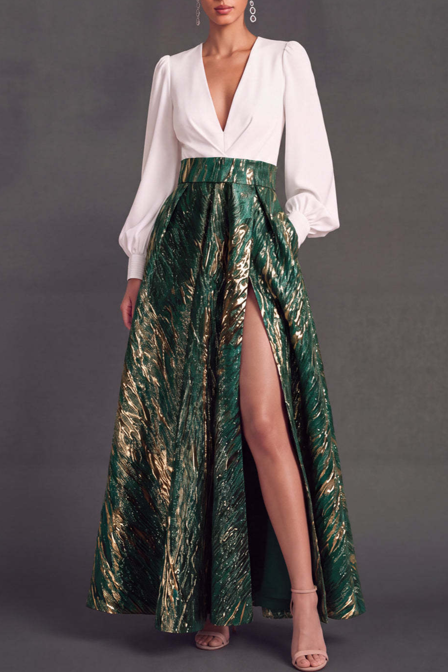 Green V-Neck Long Sleeves Jacquard A-Line Formal Dress with Slit