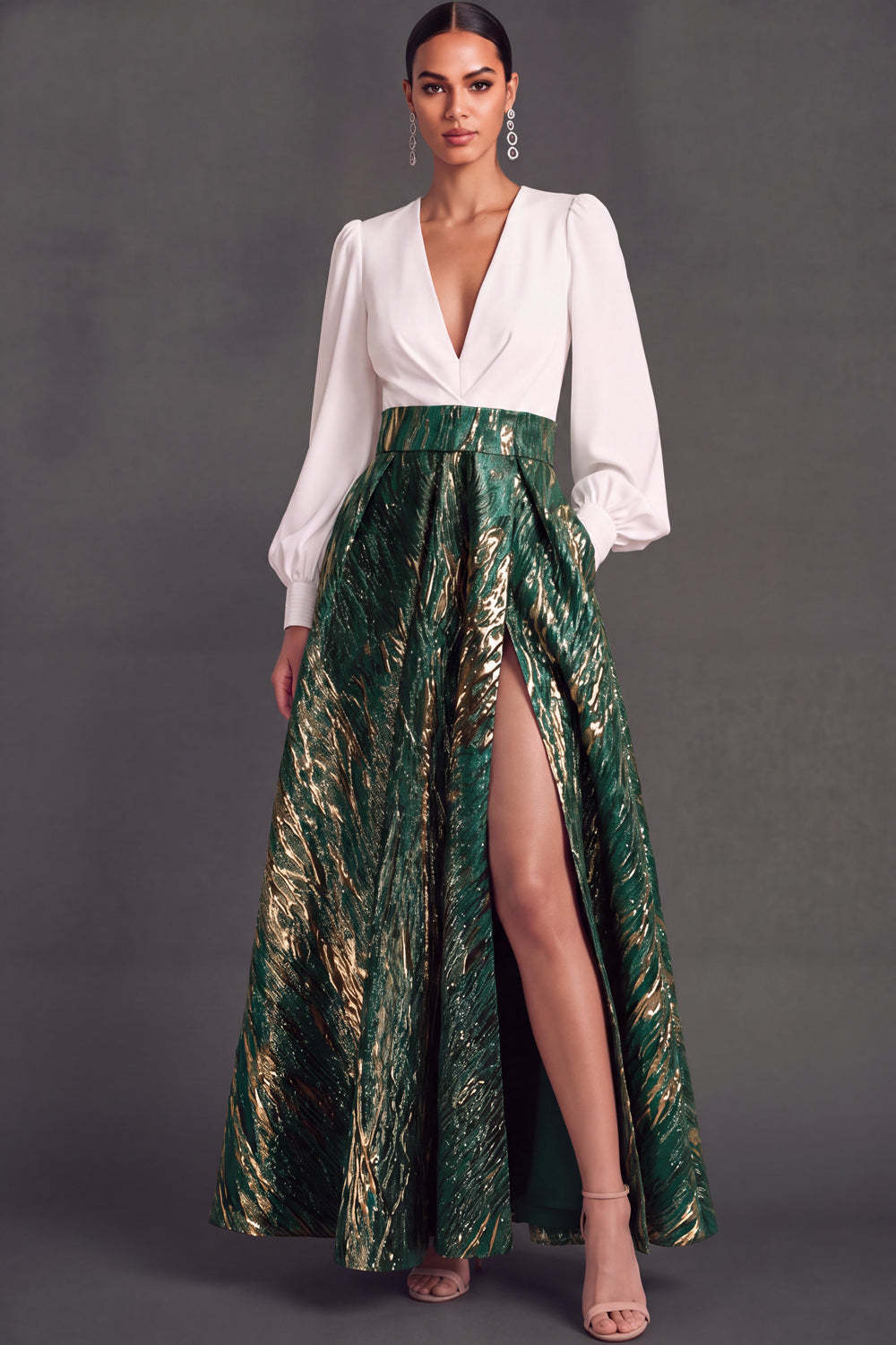 Green V-Neck Long Sleeves Jacquard A-Line Formal Dress with Slit