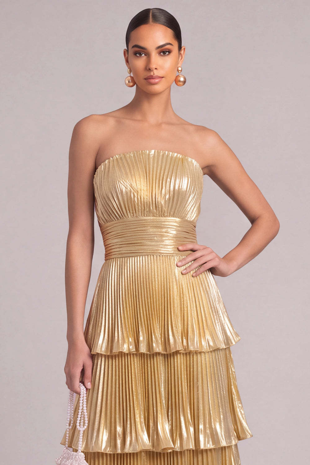 Golden Strapless Tiered Pleated Maxi Formal Dress