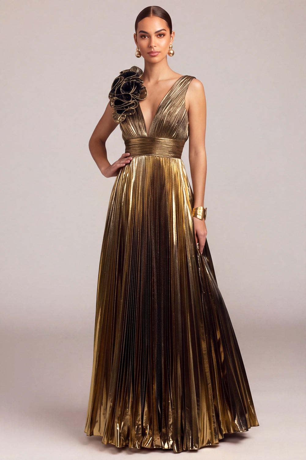 Black Golden A-Line V-Neck Pleated Maxi Formal Dress with Ruffles
