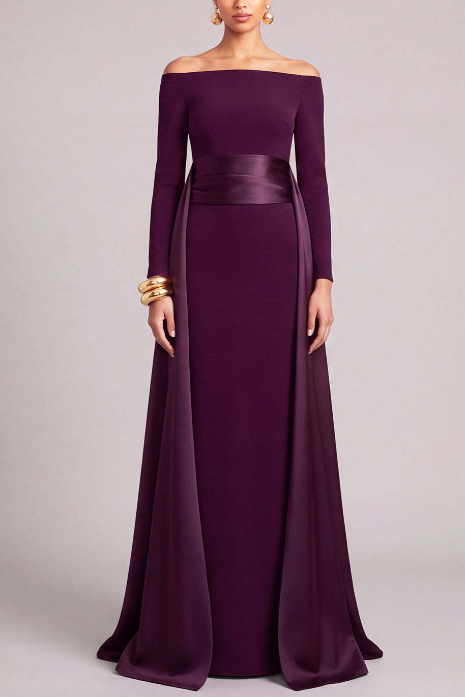 Burgundy Sheath Off the Shoulder Long Sleeves Formal Dress with Cape