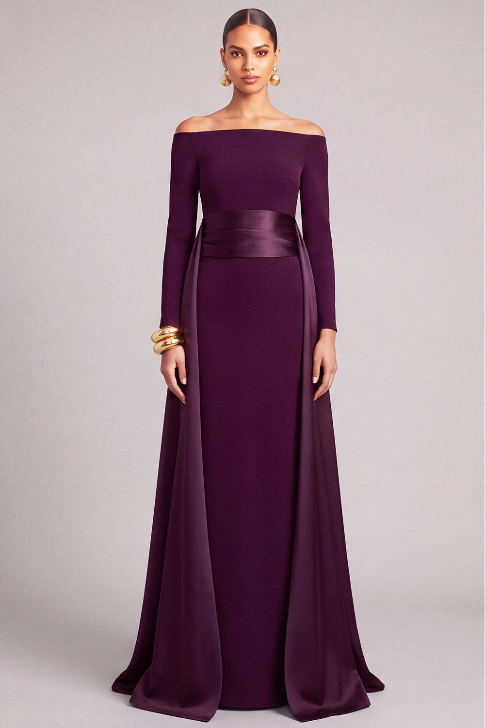 Burgundy Sheath Off the Shoulder Long Sleeves Formal Dress with Cape