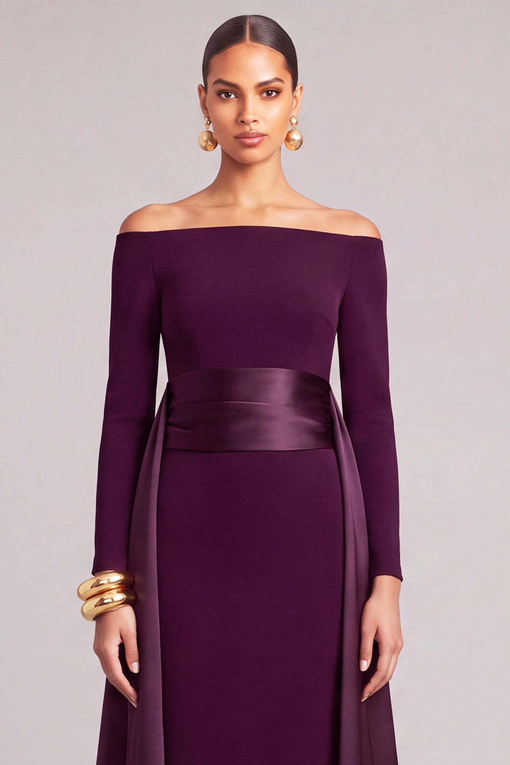 Burgundy Sheath Off the Shoulder Long Sleeves Formal Dress with Cape