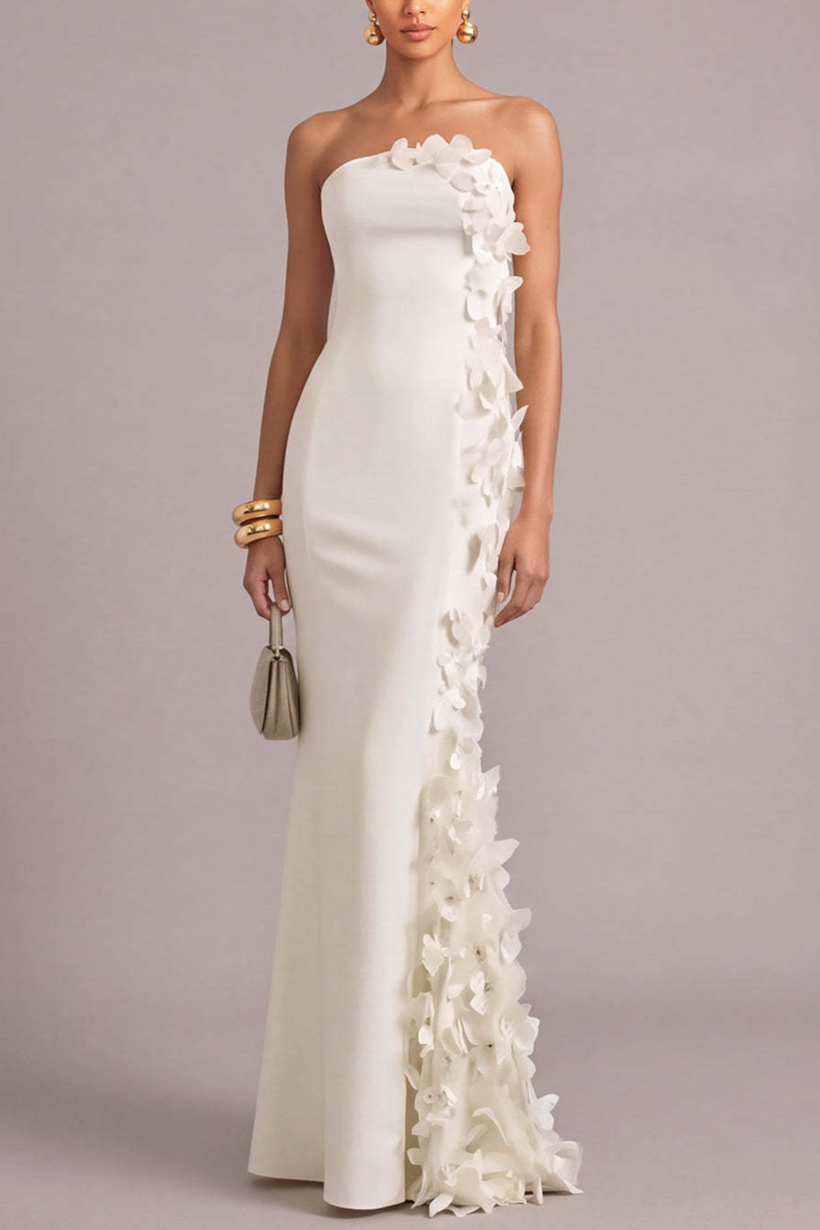 White Mermaid Strapless Maxi Formal Dress with 3D Flower