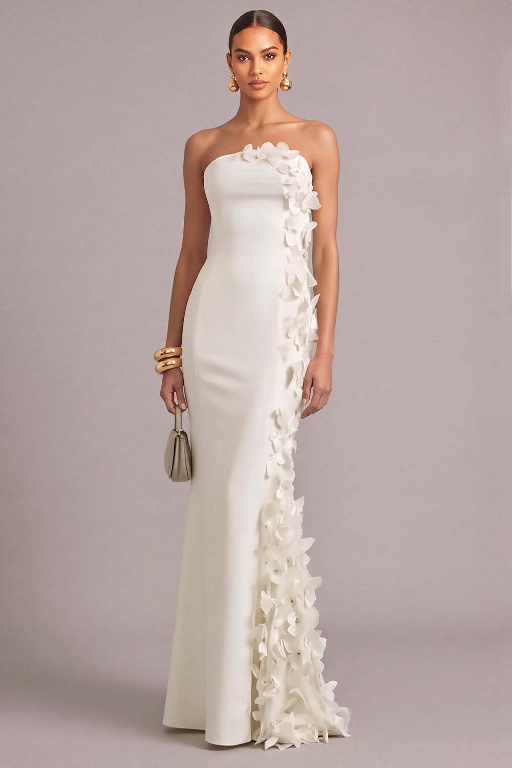 White Mermaid Strapless Maxi Formal Dress with 3D Flower