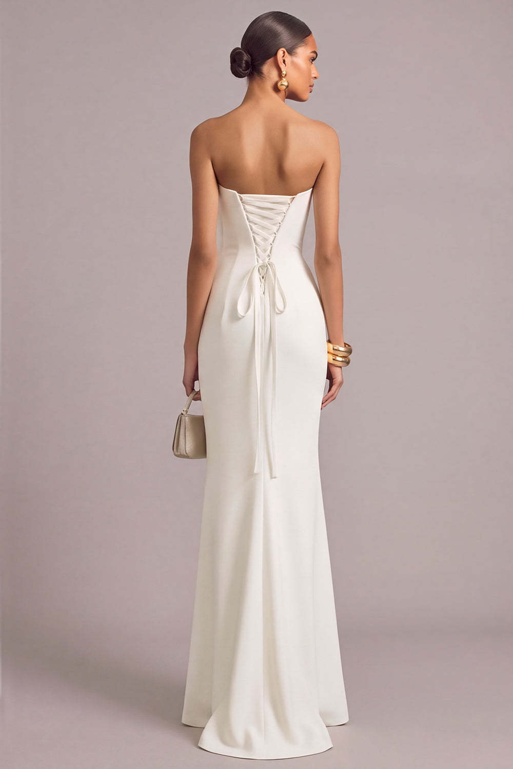 White Mermaid Strapless Maxi Formal Dress with 3D Flower