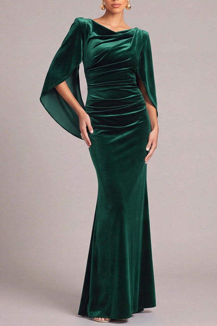 Dark Green Mermaid Cowl Neck Ruched Long Formal Dress