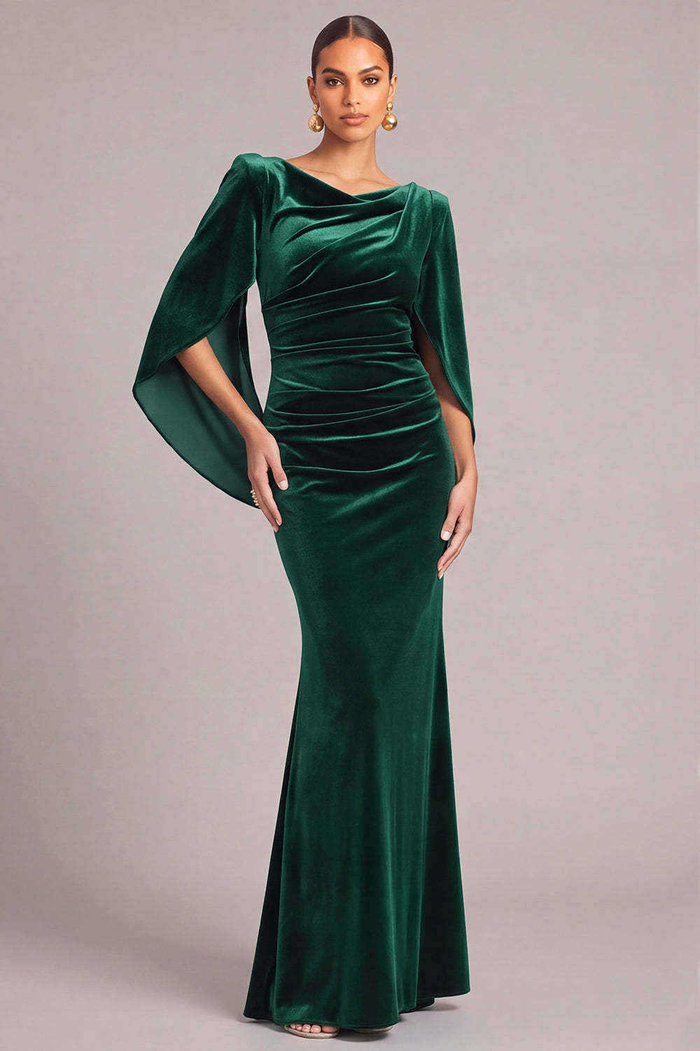 Dark Green Mermaid Cowl Neck Ruched Long Formal Dress