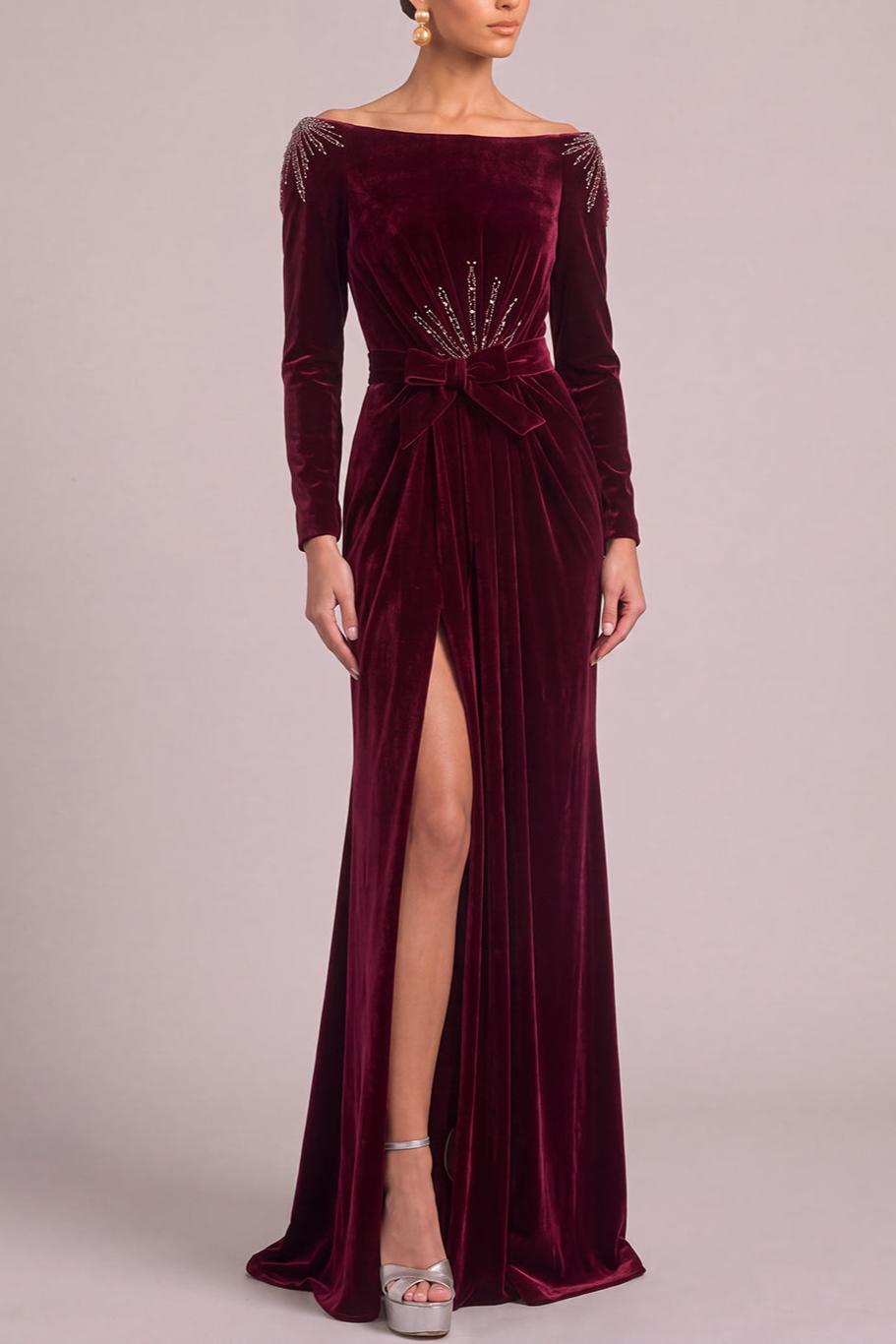Sparkly Beaded Burgundy Sheath Off the Shoulder Long Formal Dress with Slit