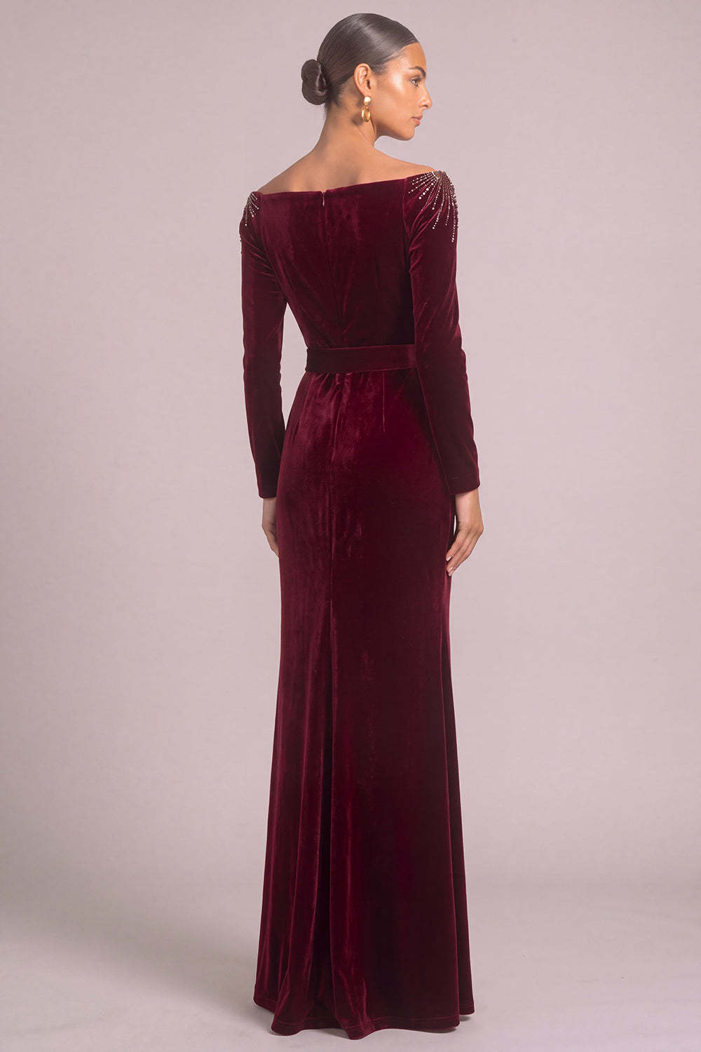 Sparkly Beaded Burgundy Sheath Off the Shoulder Long Formal Dress with Slit