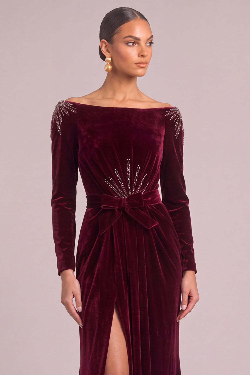 Sparkly Beaded Burgundy Sheath Off the Shoulder Long Formal Dress with Slit