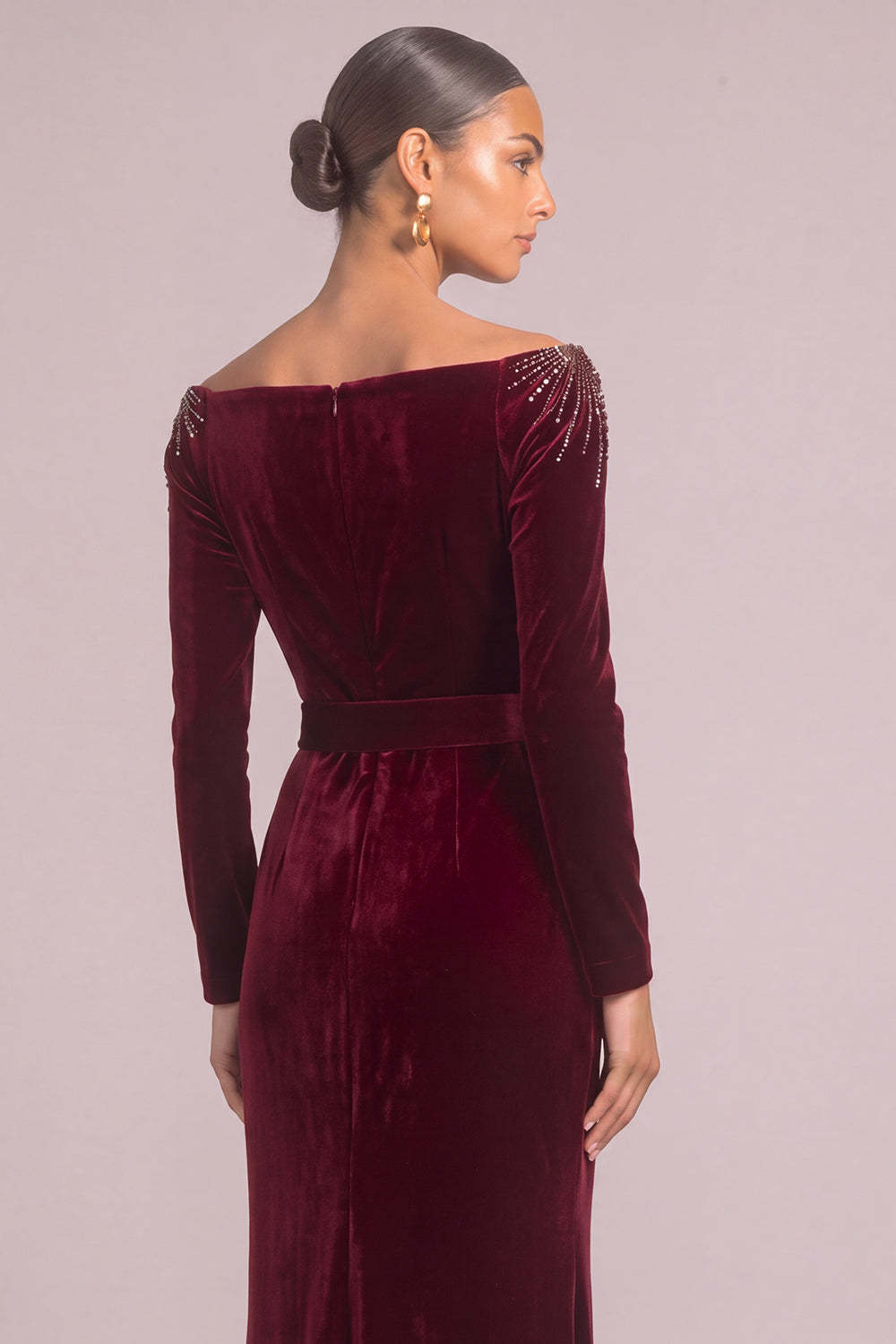 Sparkly Beaded Burgundy Sheath Off the Shoulder Long Formal Dress with Slit