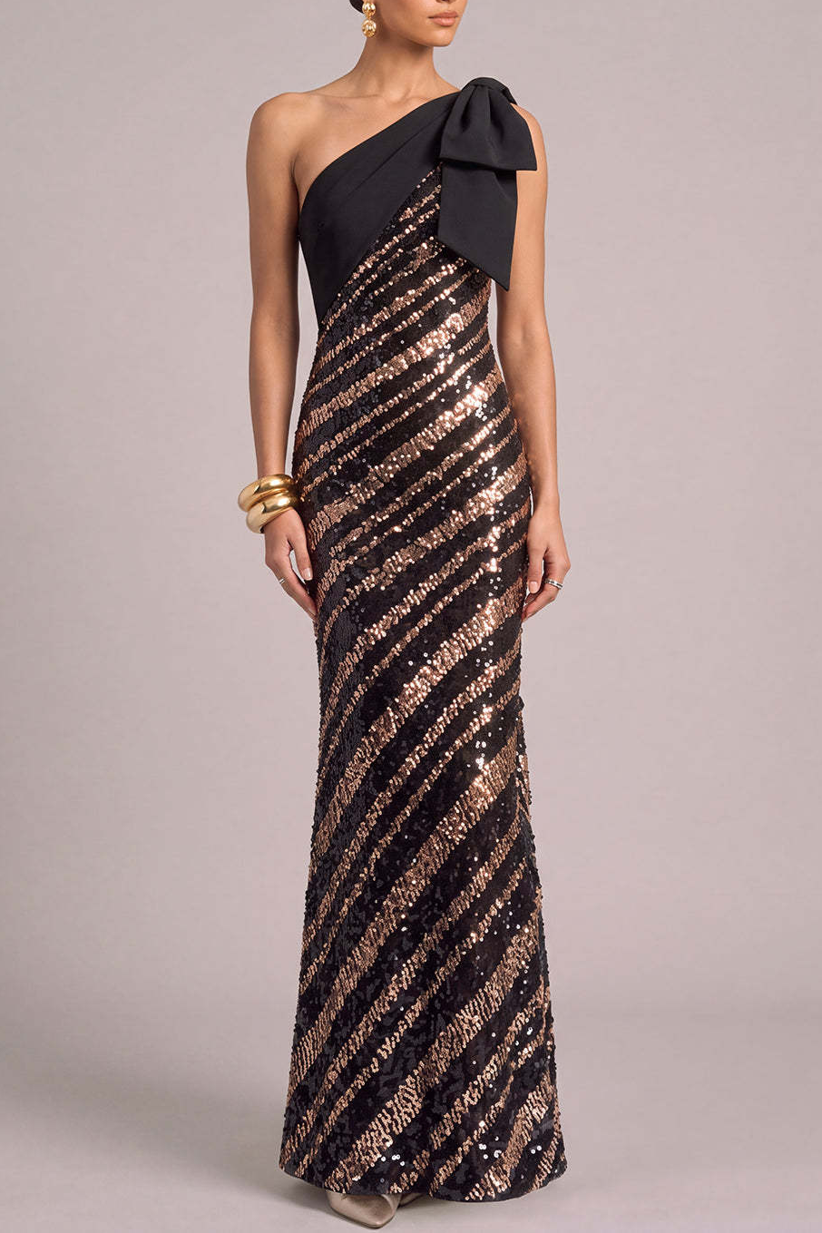 Sparkly Sequins Black Sheath One Shoulder Maxi Formal Dress with Bow
