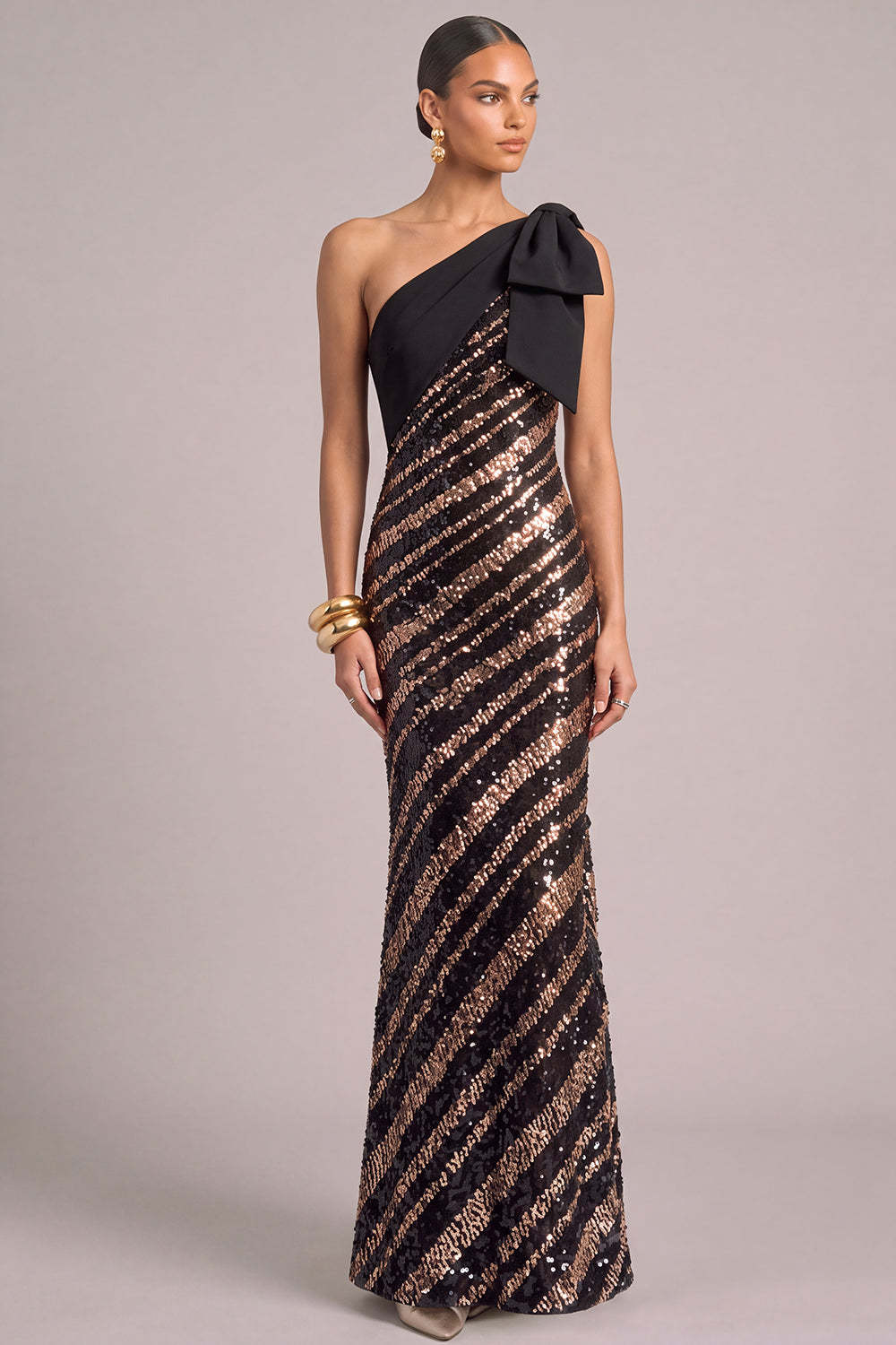 Sparkly Sequins Black Sheath One Shoulder Maxi Formal Dress with Bow