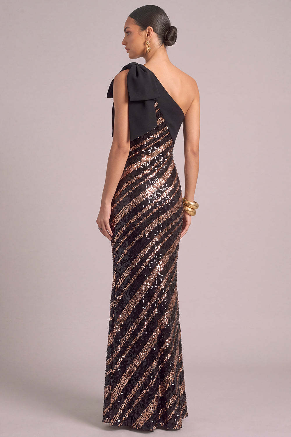 Sparkly Sequins Black Sheath One Shoulder Maxi Formal Dress with Bow