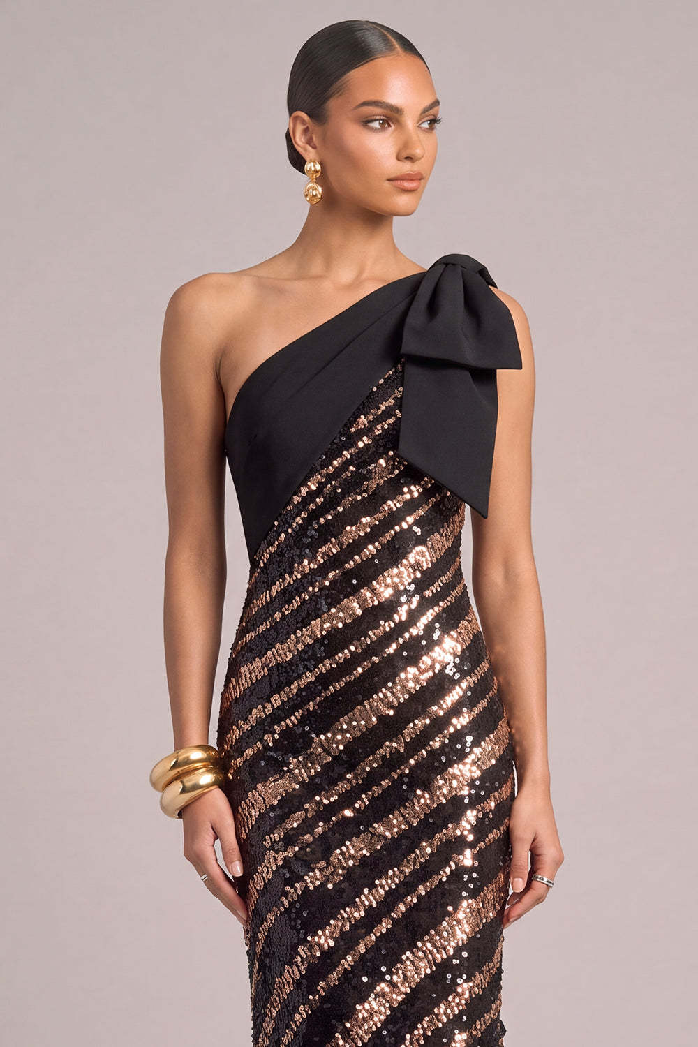 Sparkly Sequins Black Sheath One Shoulder Maxi Formal Dress with Bow