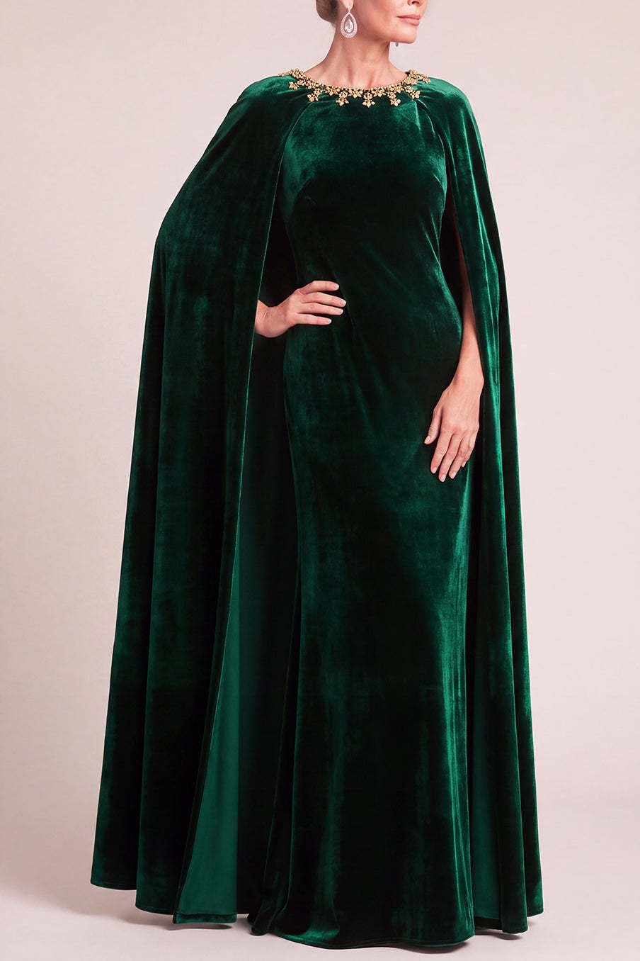 Dark Green Sheath Round Neck Velvet Long Formal Dress with Cape