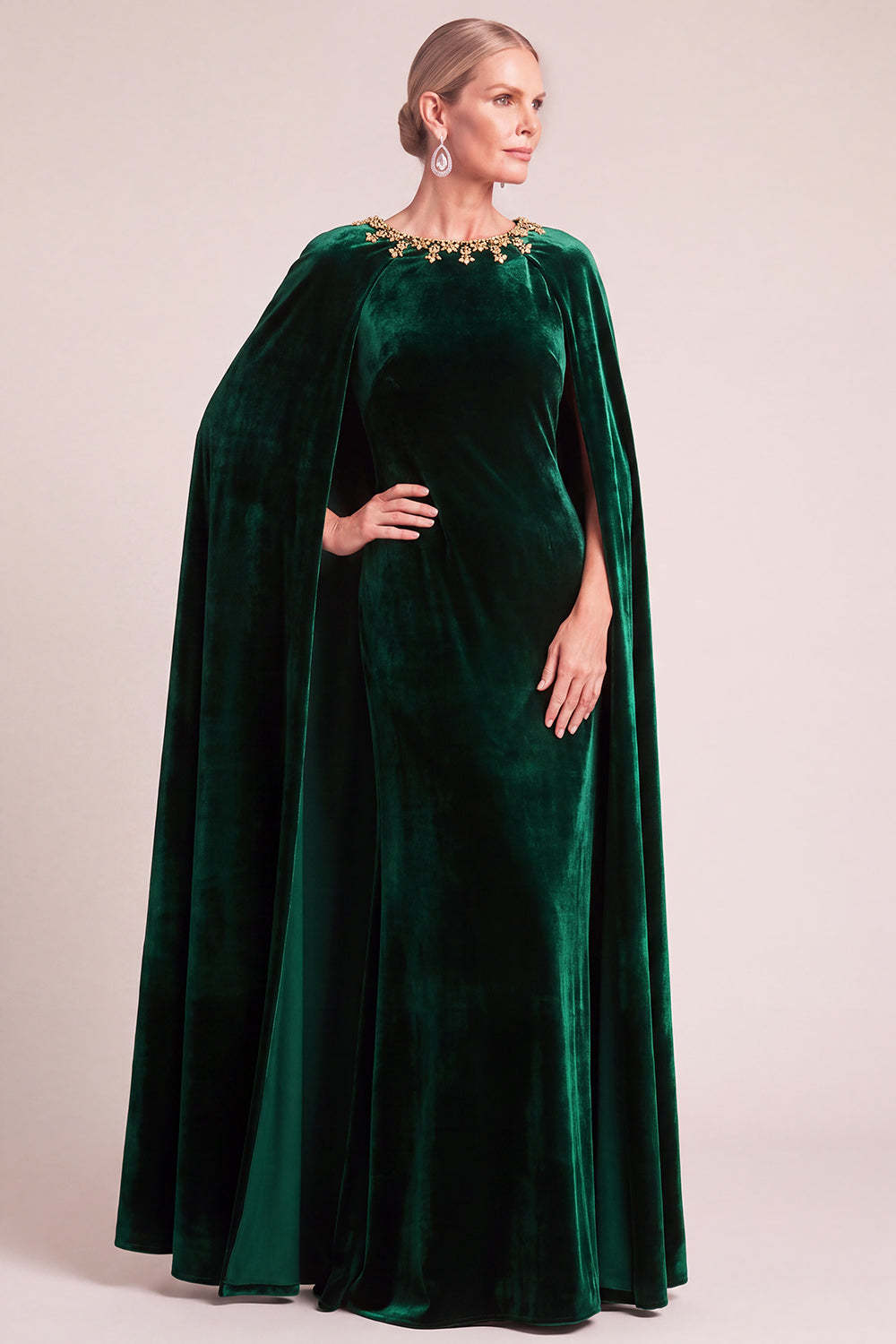 Dark Green Sheath Round Neck Velvet Long Formal Dress with Cape
