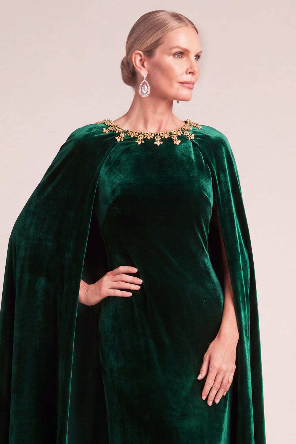 Dark Green Sheath Round Neck Velvet Long Formal Dress with Cape