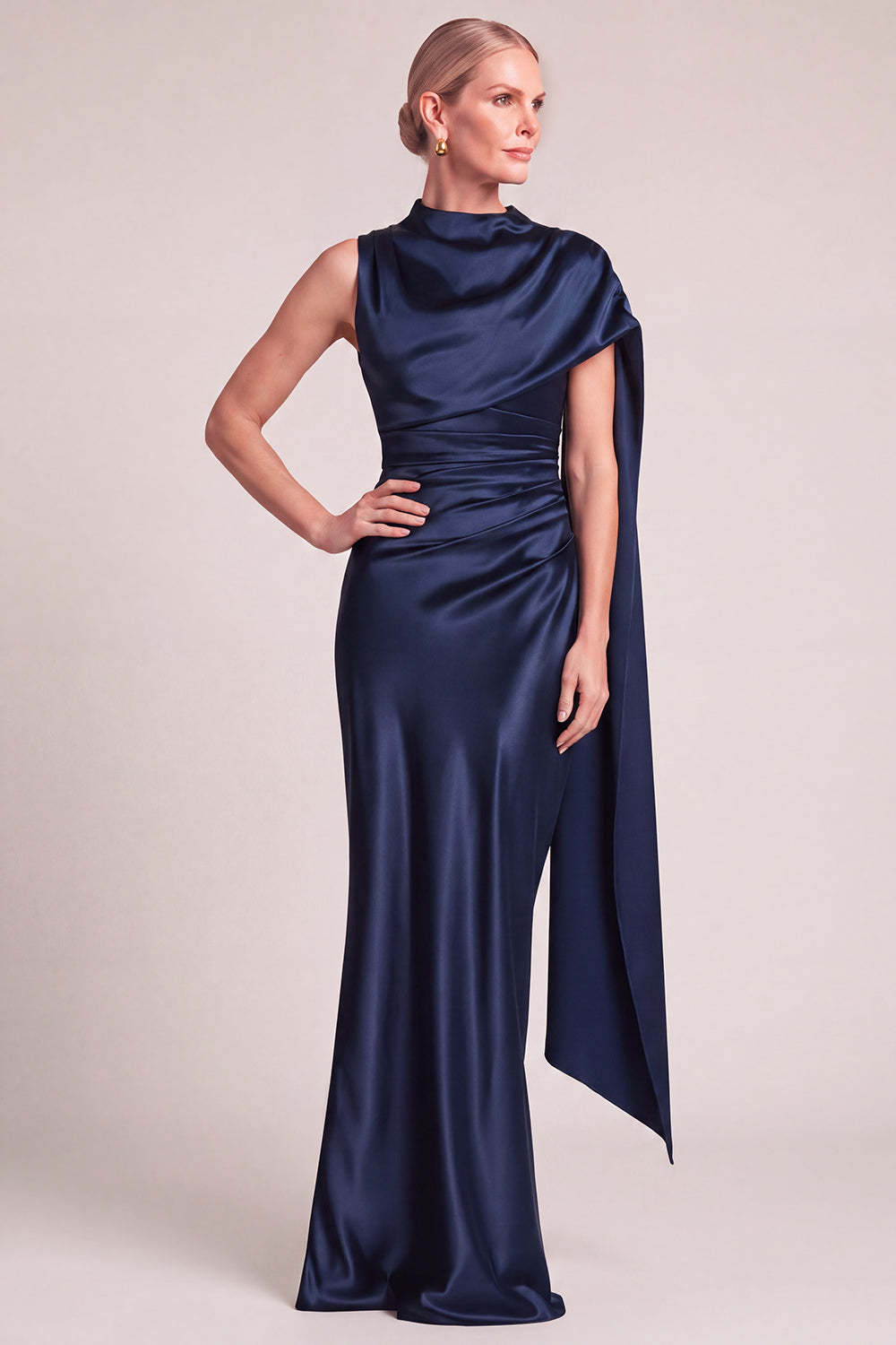 Navy Satin Sheath High Neck Ruched Long Formal Dress with Cape