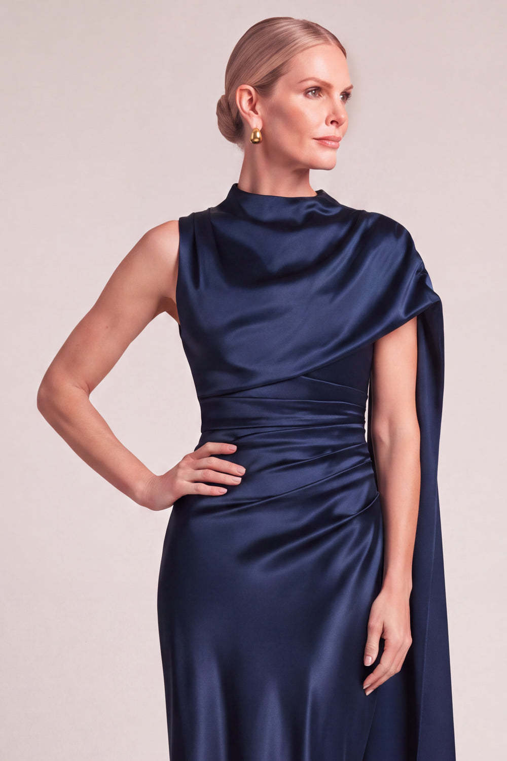 Navy Satin Sheath High Neck Ruched Long Formal Dress with Cape