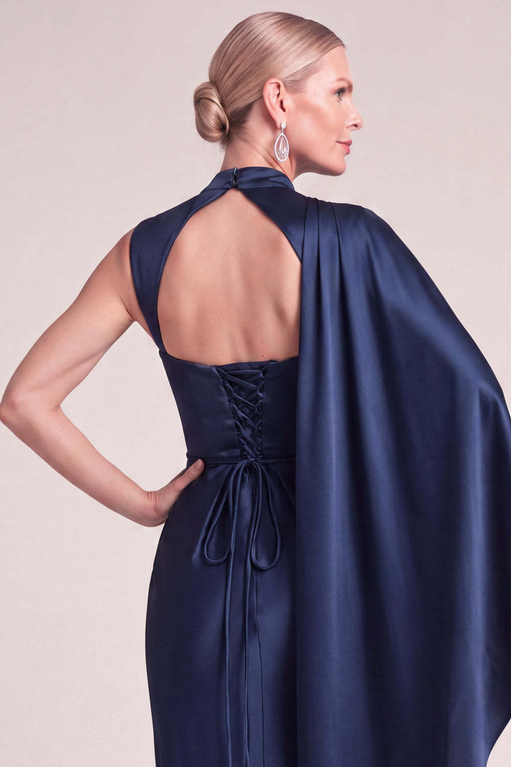 Navy Satin Sheath High Neck Ruched Long Formal Dress with Cape