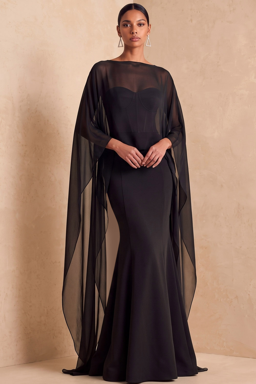Red Boat Neck Mermaid Formal Dress With Chiffon Cape