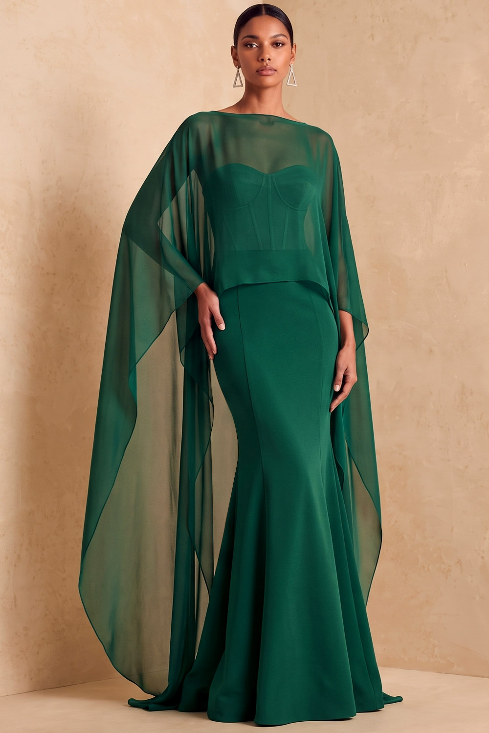 Red Boat Neck Mermaid Formal Dress With Chiffon Cape