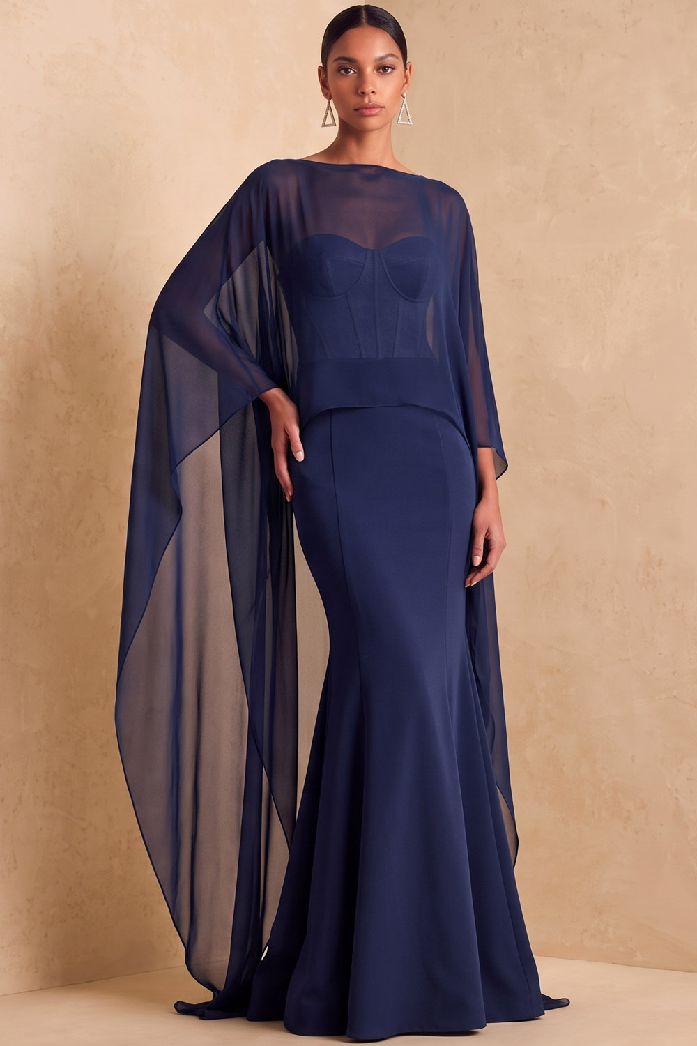 Red Boat Neck Mermaid Formal Dress With Chiffon Cape