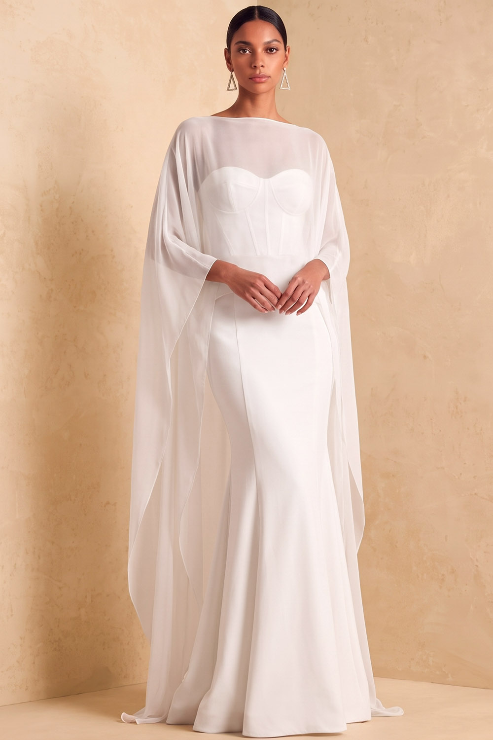 Red Boat Neck Mermaid Formal Dress With Chiffon Cape