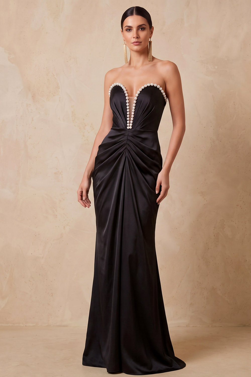 Dusty Sage Strapless Pearl Trim Satin Formal Maxi Dress