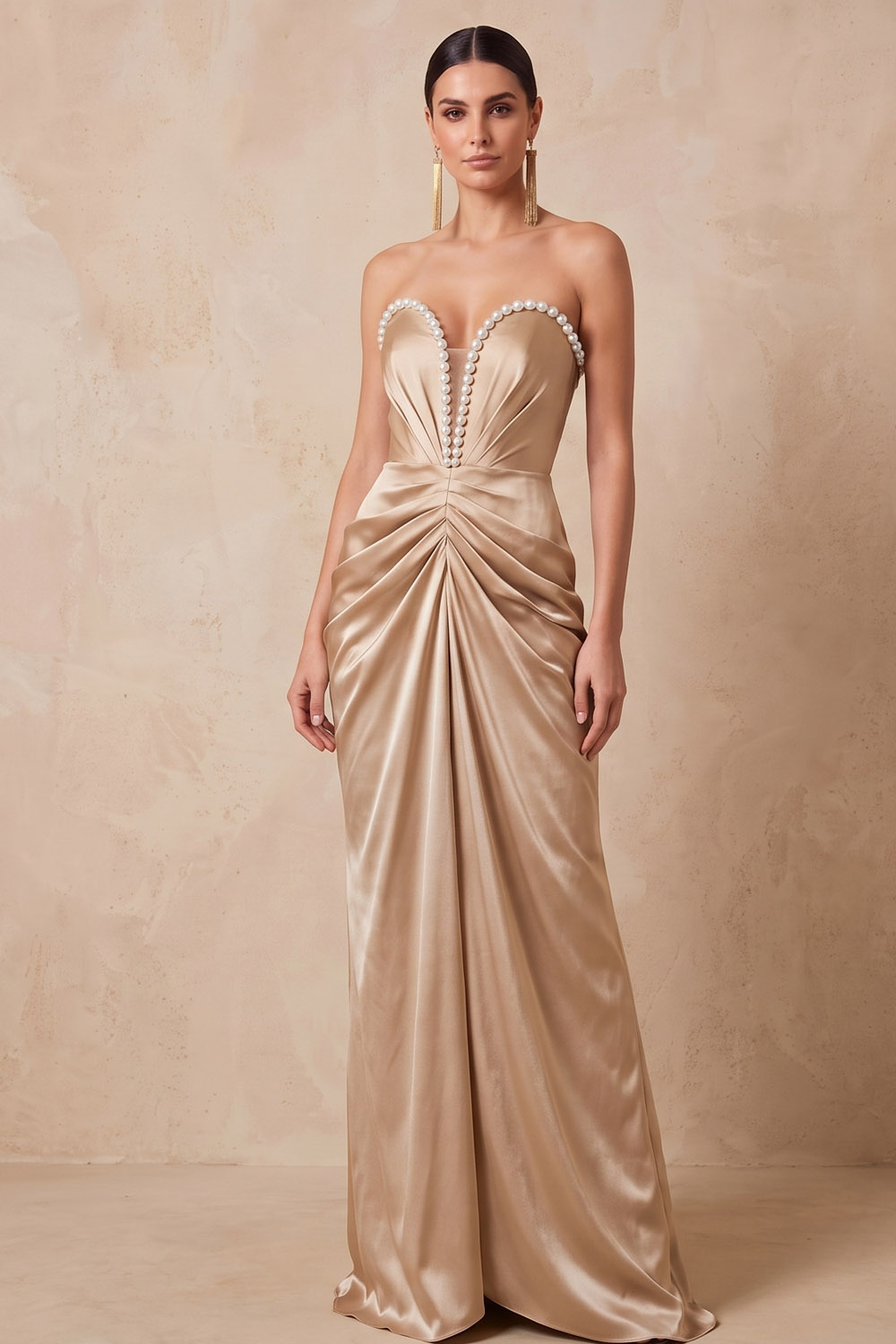 Dusty Sage Strapless Pearl Trim Satin Formal Maxi Dress