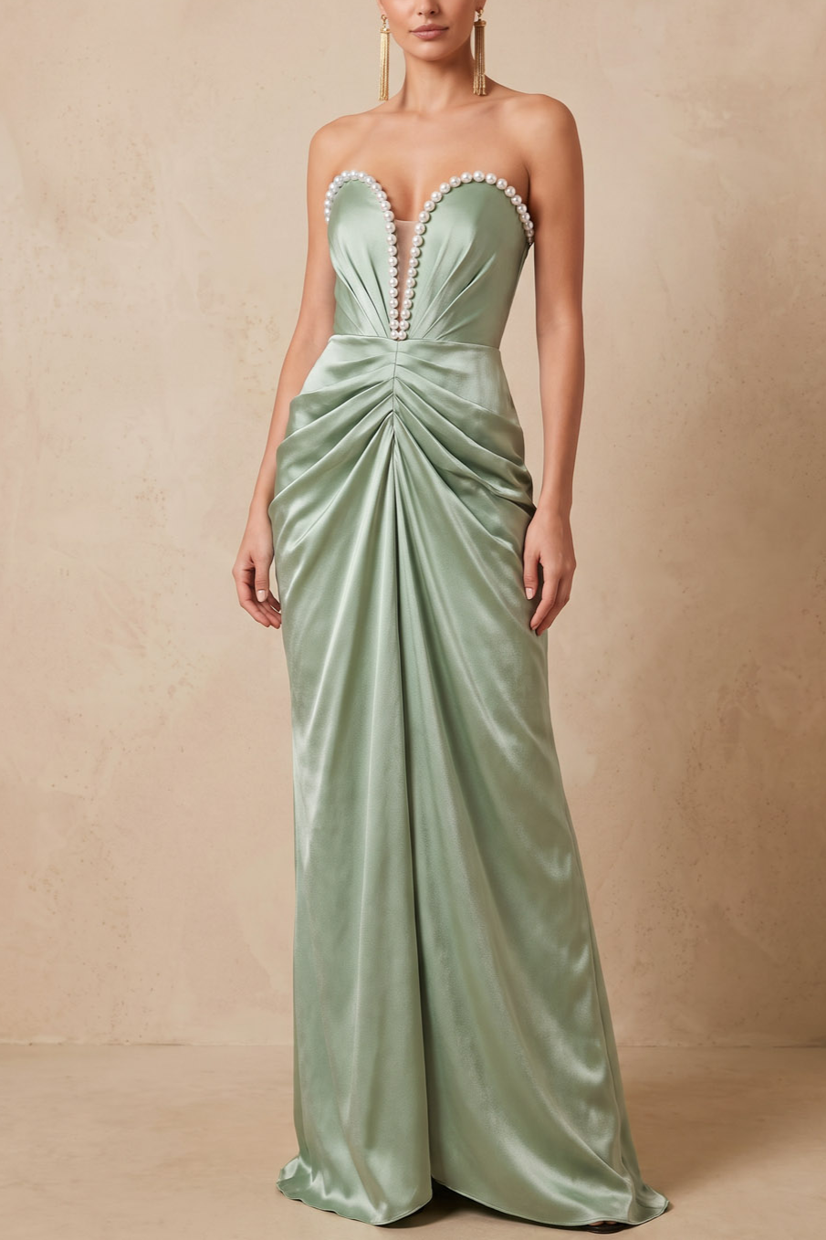 Dusty Sage Strapless Pearl Trim Satin Formal Maxi Dress