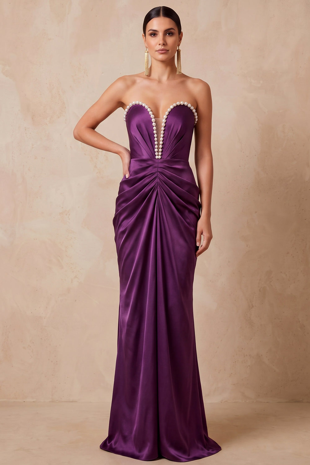 Dusty Sage Strapless Pearl Trim Satin Formal Maxi Dress
